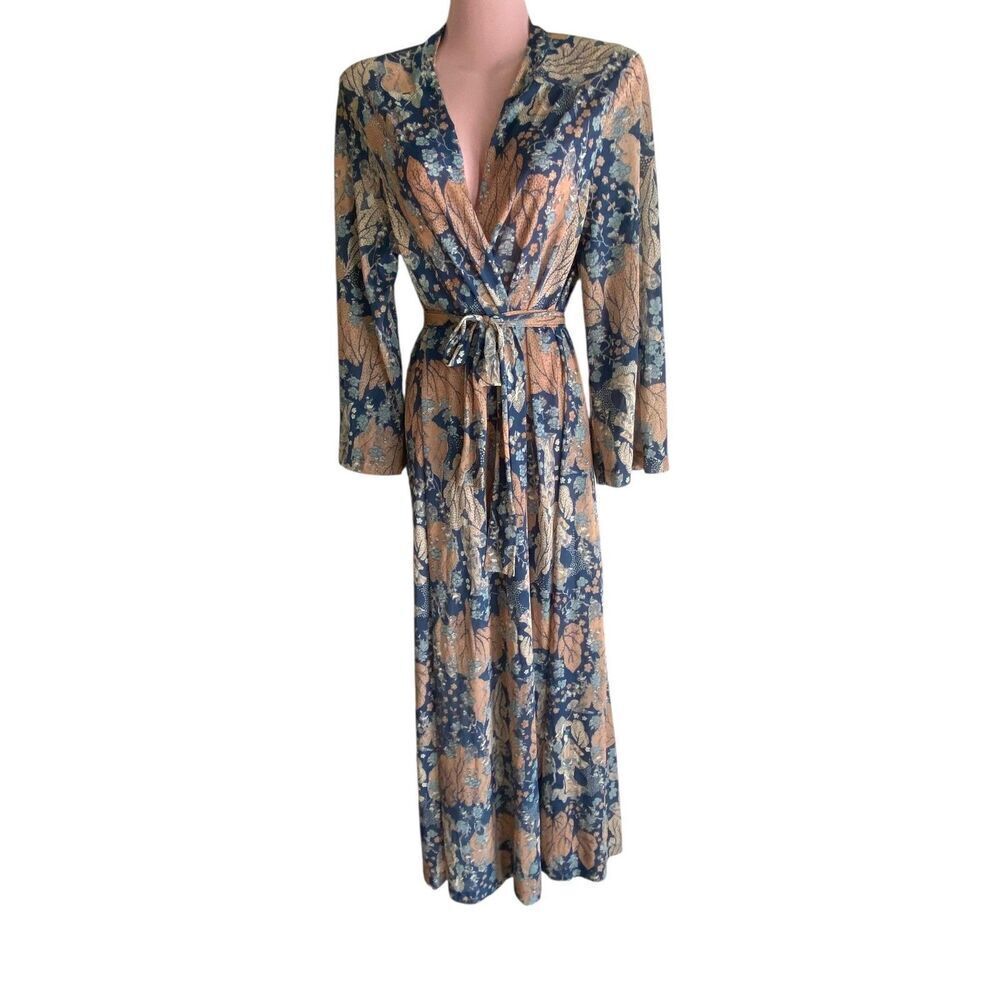 Vintage Gilead Robe Womens Medium Blue Kimono Floral Belted Nylon Made USA 80s